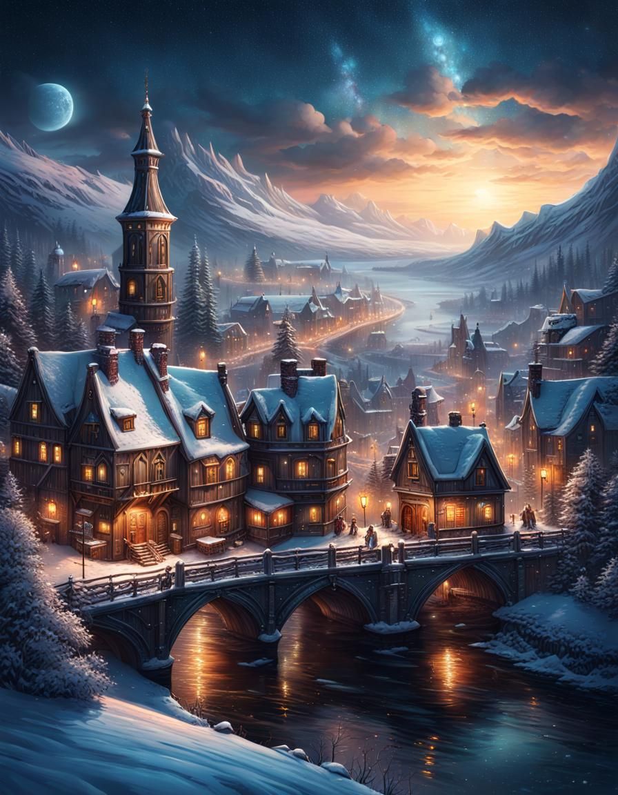 Steampunk City Winter Riverscape Under Starry Night