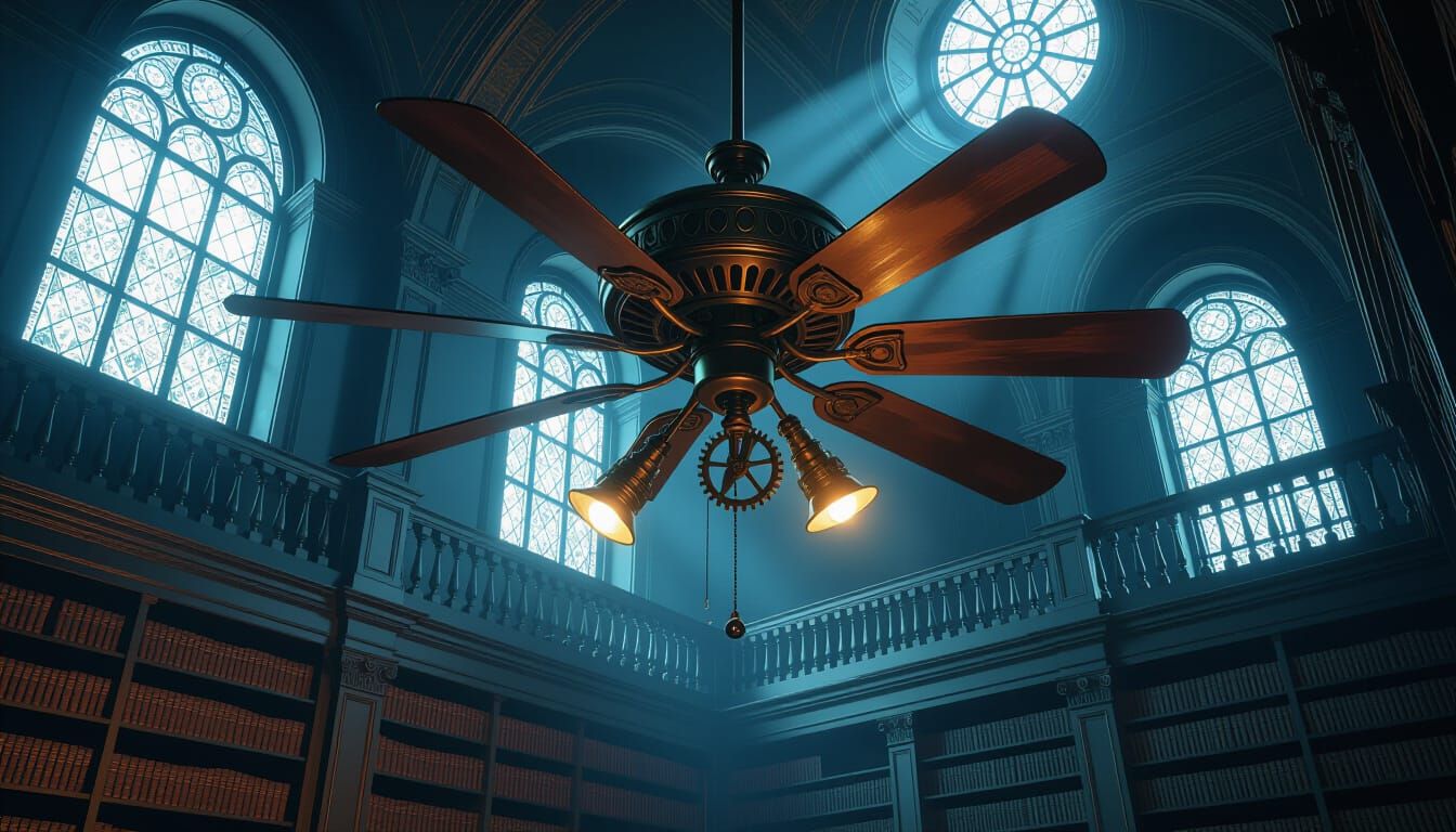 Steampunk Fan in Moonlit Library: Detailed Mechanical Art