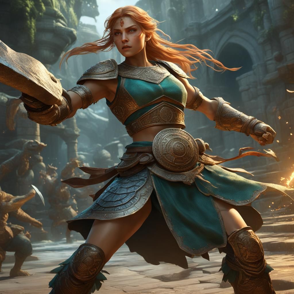 Blonde Warrior Battles Minotaurs in Dark Fantasy Art