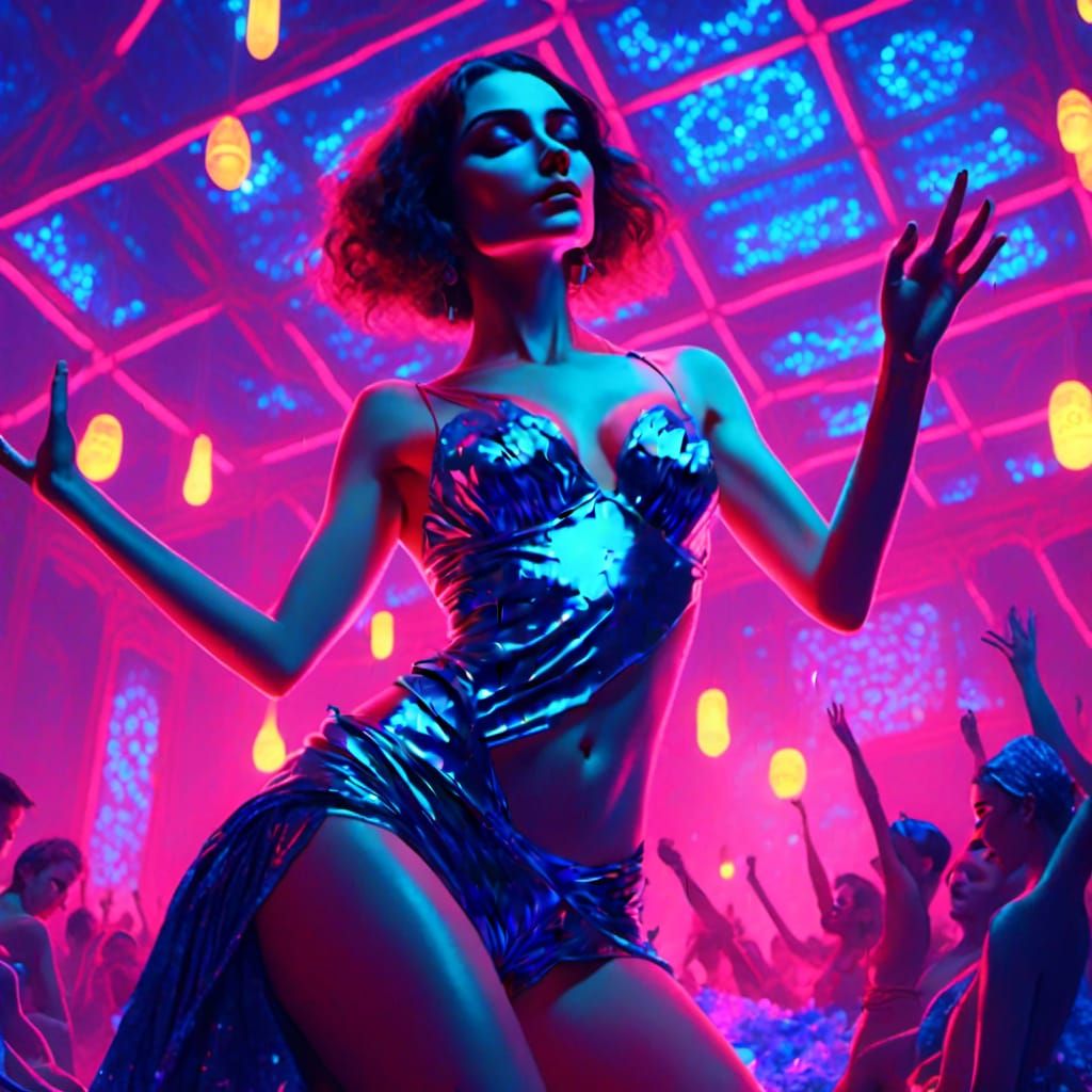 Holographic Woman in Blue Lingerie with Neon Lights