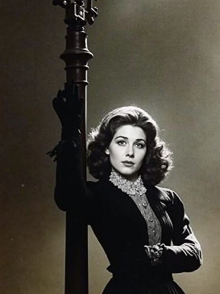 Victorian Woman Under Gaslamp in Foggy England