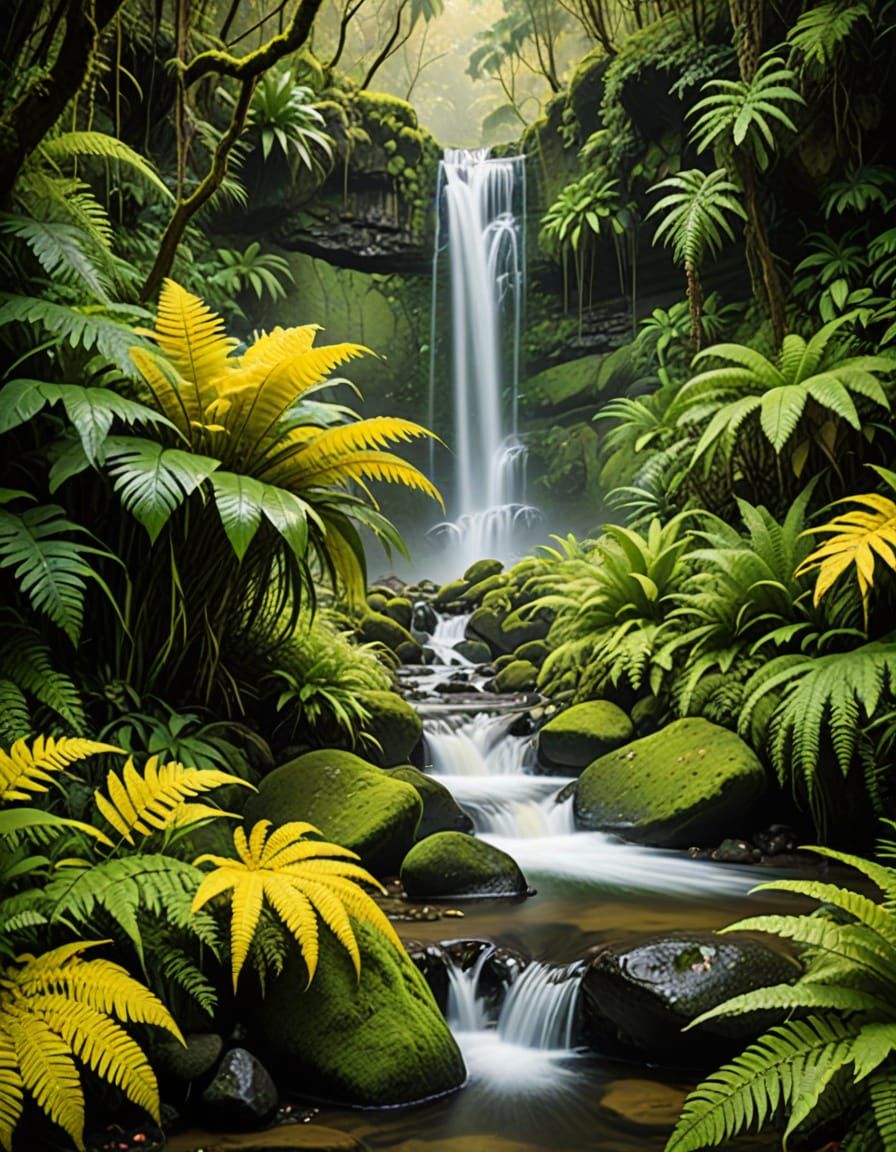 Vibrant Tropical Waterfall in Impressionist Style with Expre...