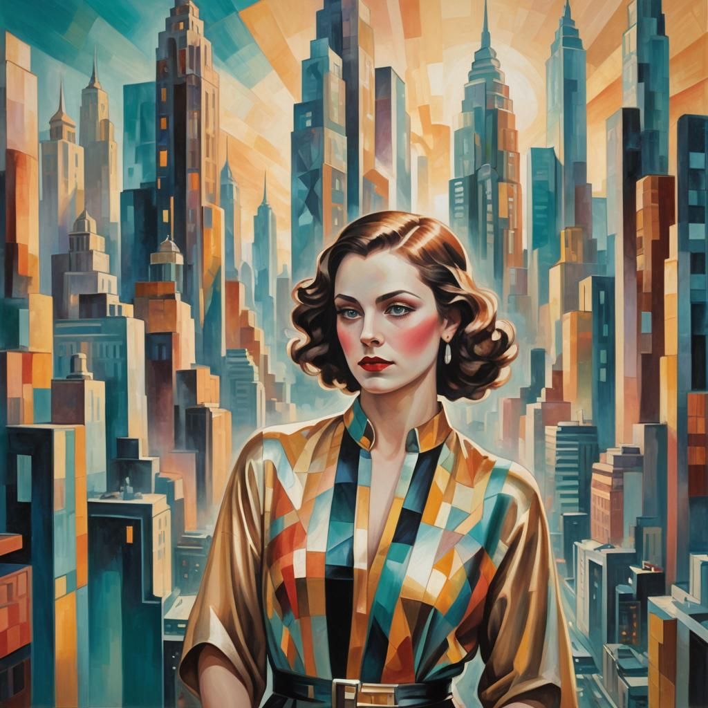 Art Deco Woman in Luxurious Modernist Cityscape