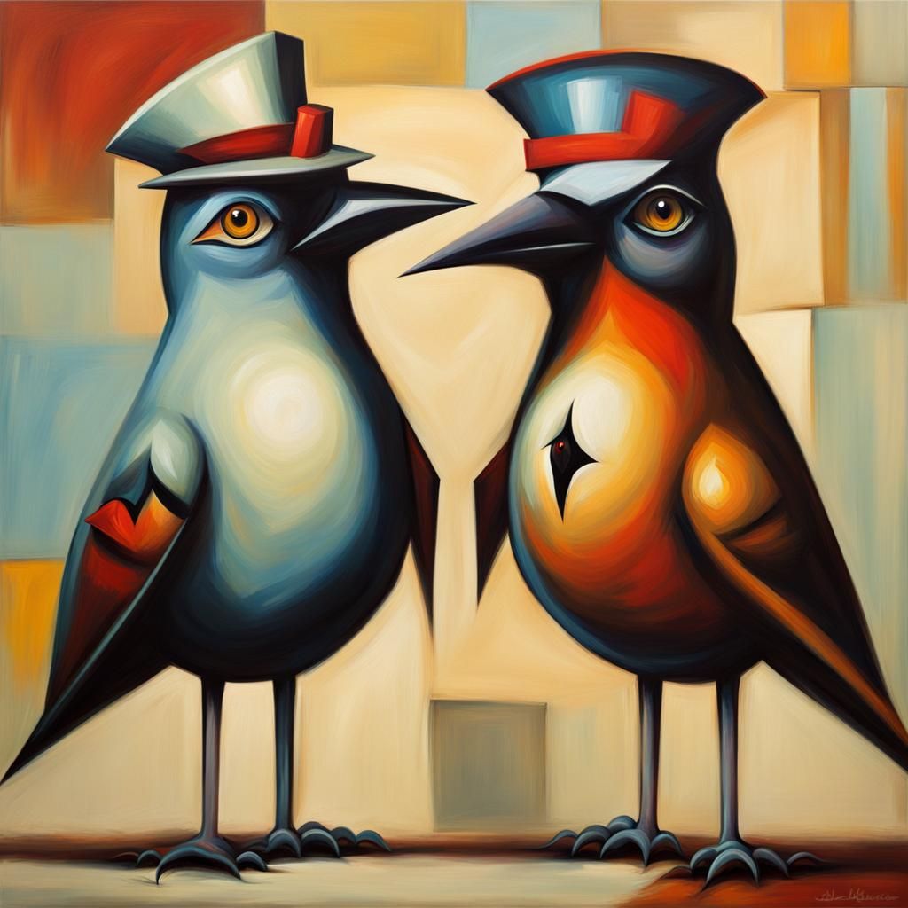 Birds in retro fashion at the ball abstract sinister comical...