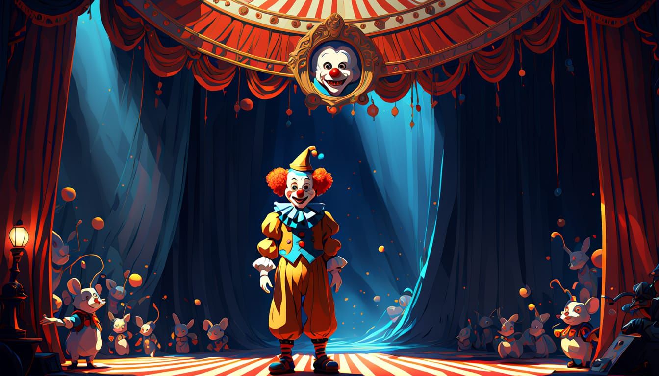 Anime Circus Clown with Shy Mouse, Ghibli Style