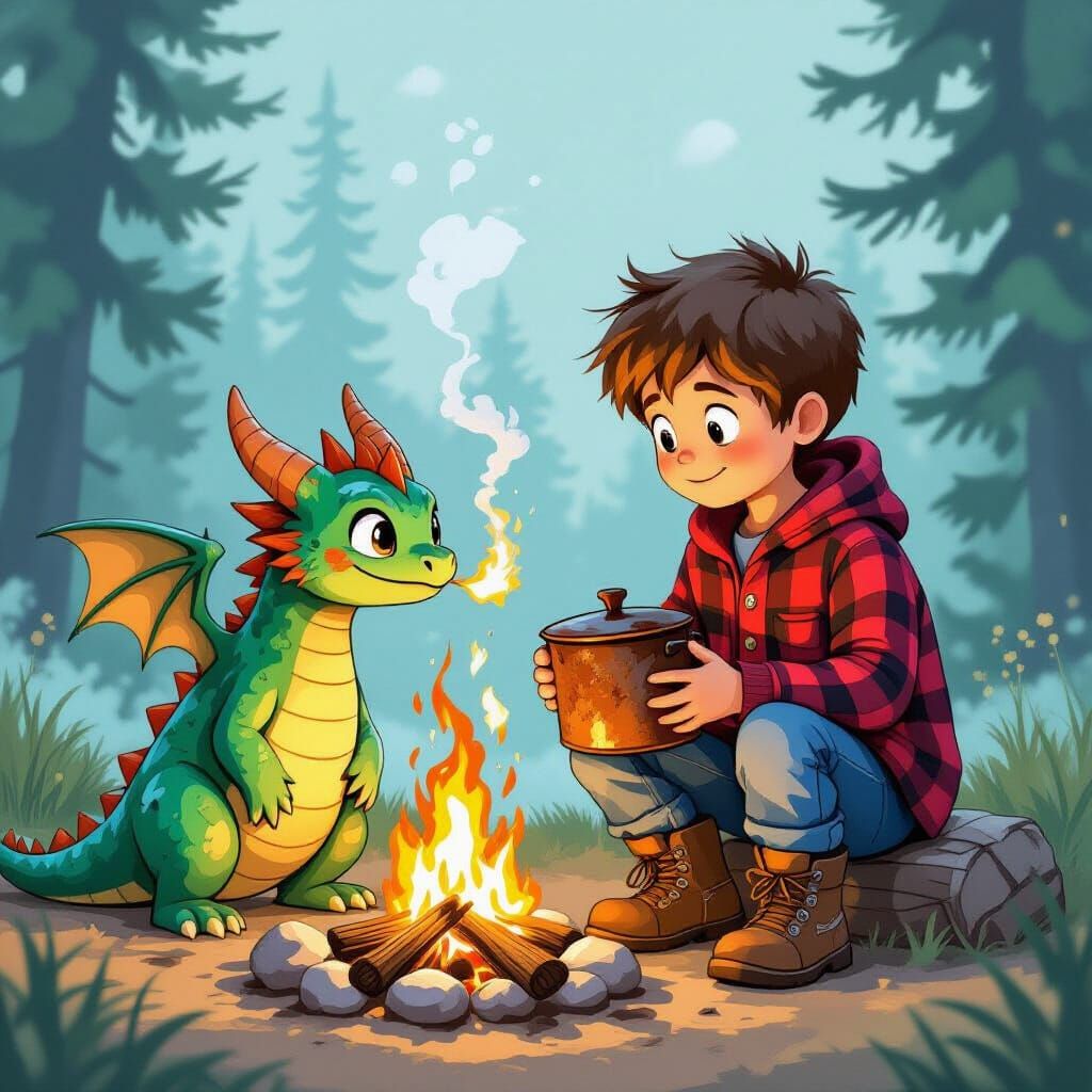Boy and Dragon Light Campfire in Whimsical Style