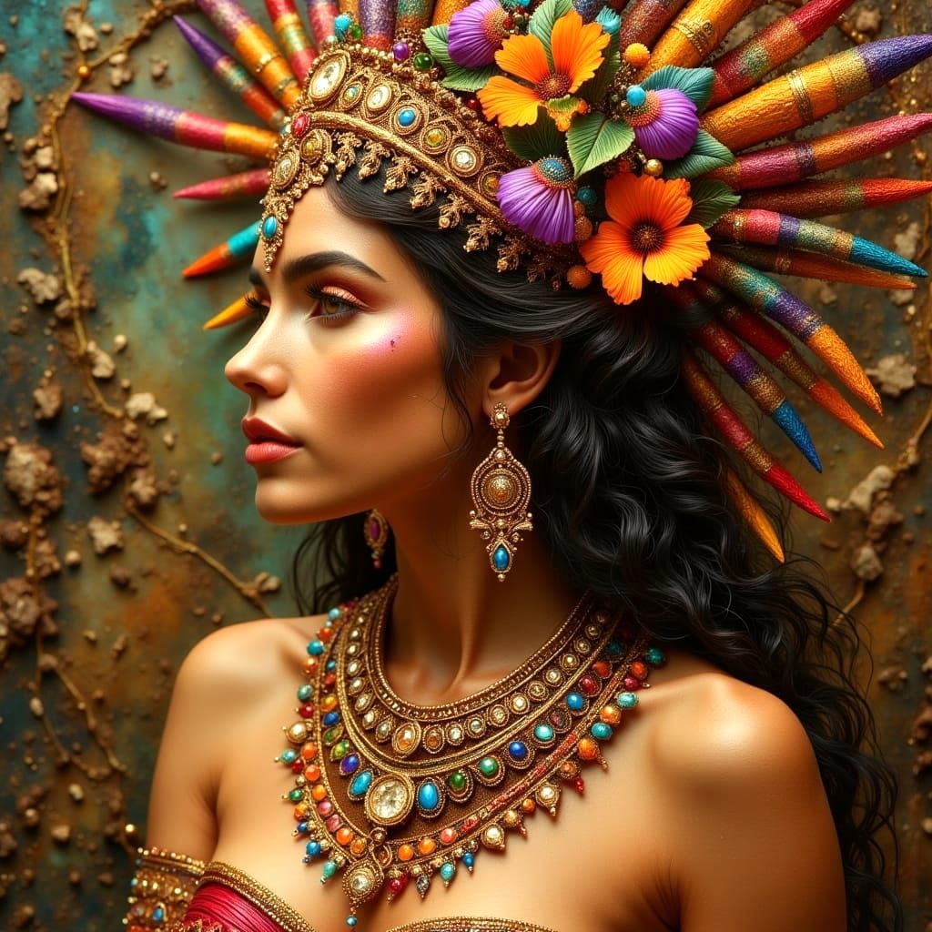 Glowing Aztec Princess in Vibrant Oil Paint