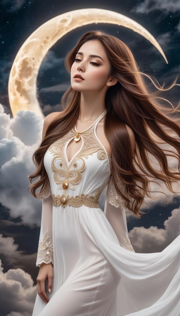 Ethereal Woman with Crescent Moon in Dreamscape