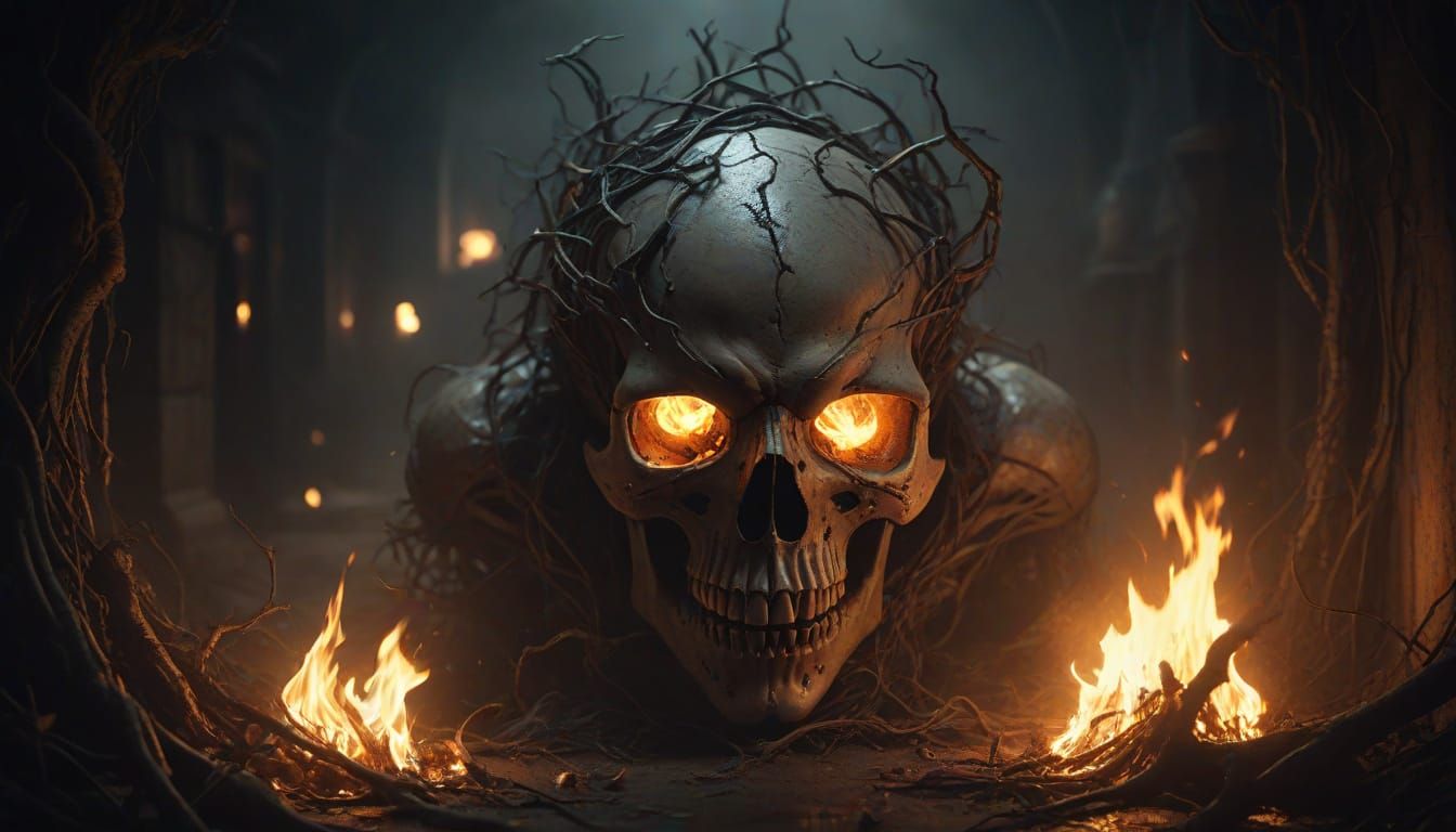 Skeletal Skull Erupts with Fiery Vines in Dark, Gothic Chamb...
