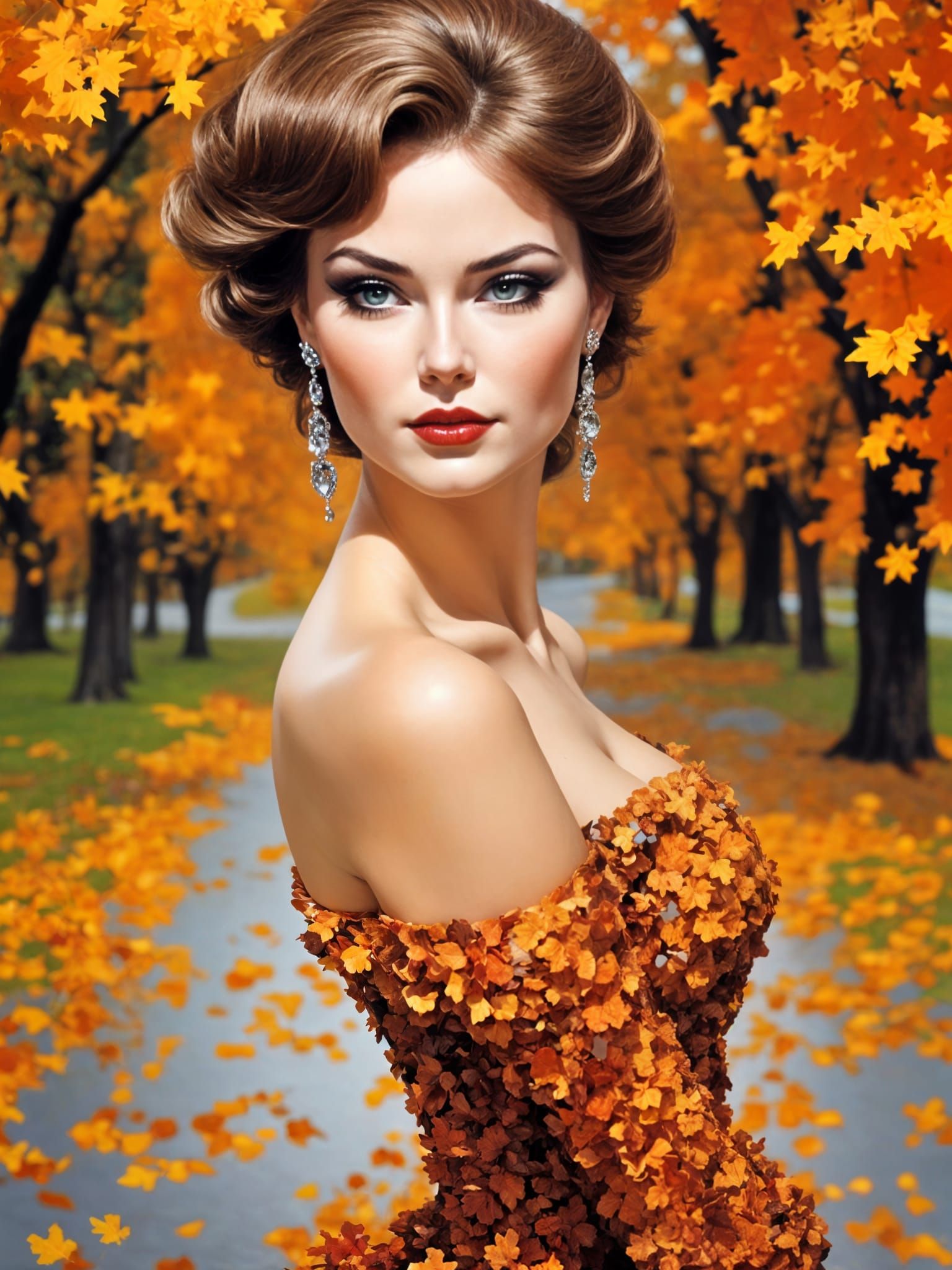 Autumn Princess in Detailed Orange and Red Dress