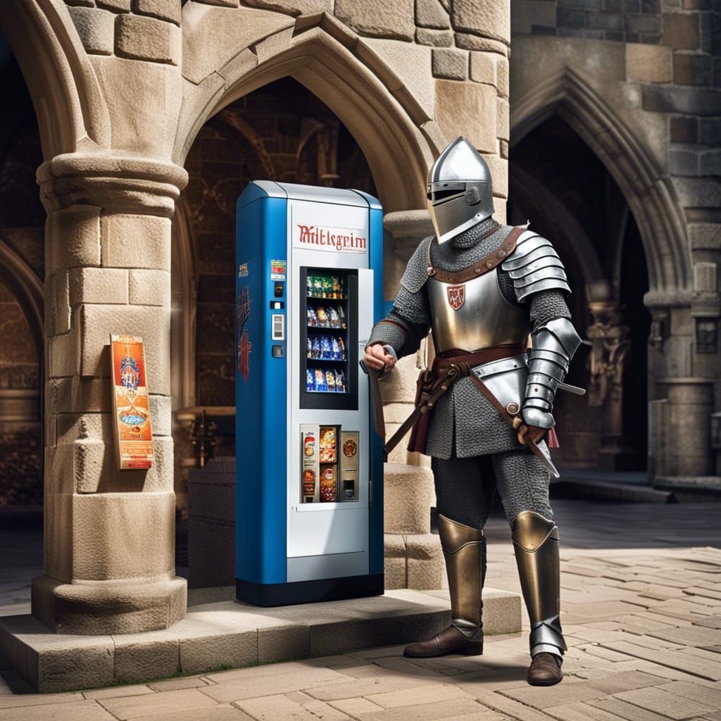 Knight Encounters Vending Machine in Castle Courtyard