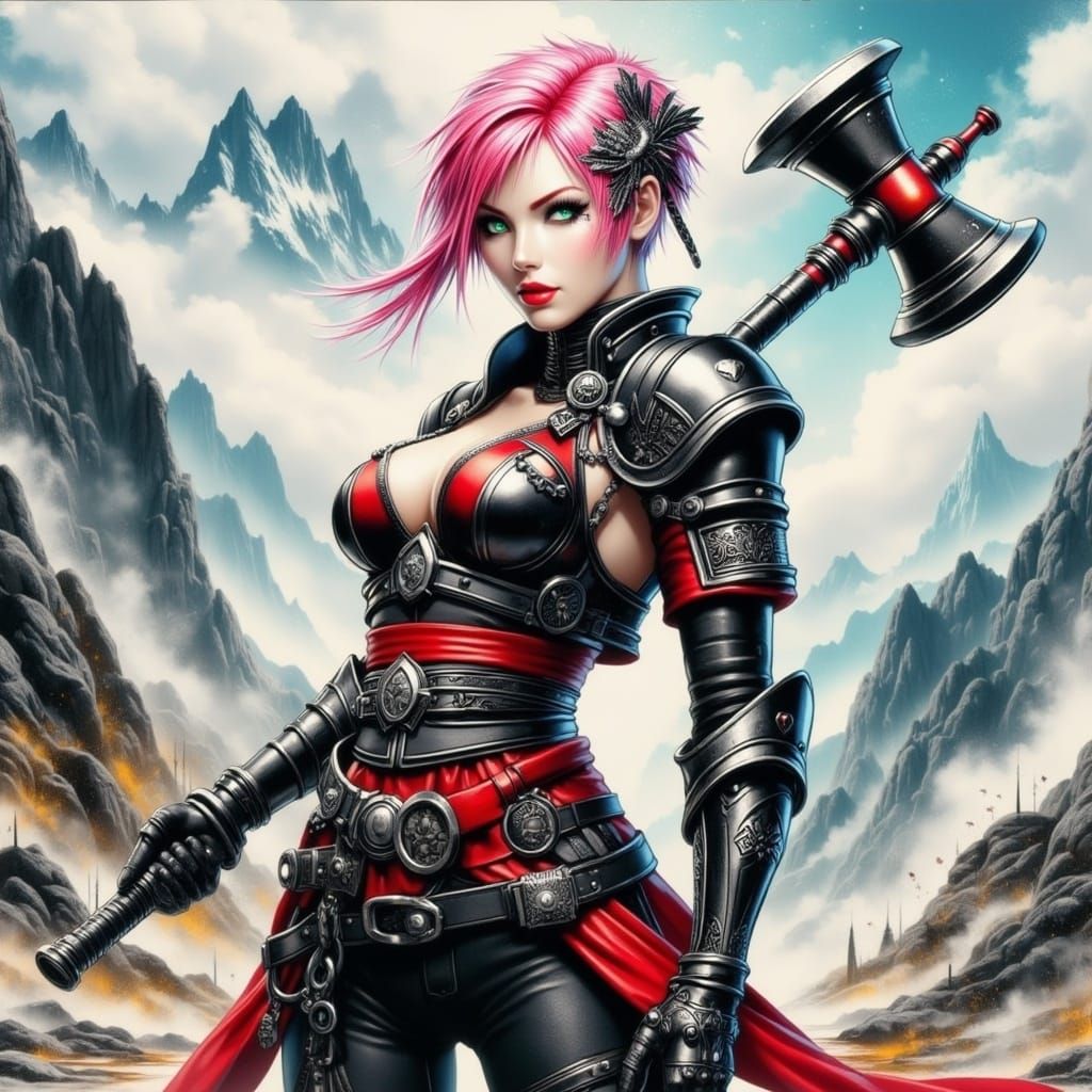 Anime Warrior Woman with Hammer on Battlefield