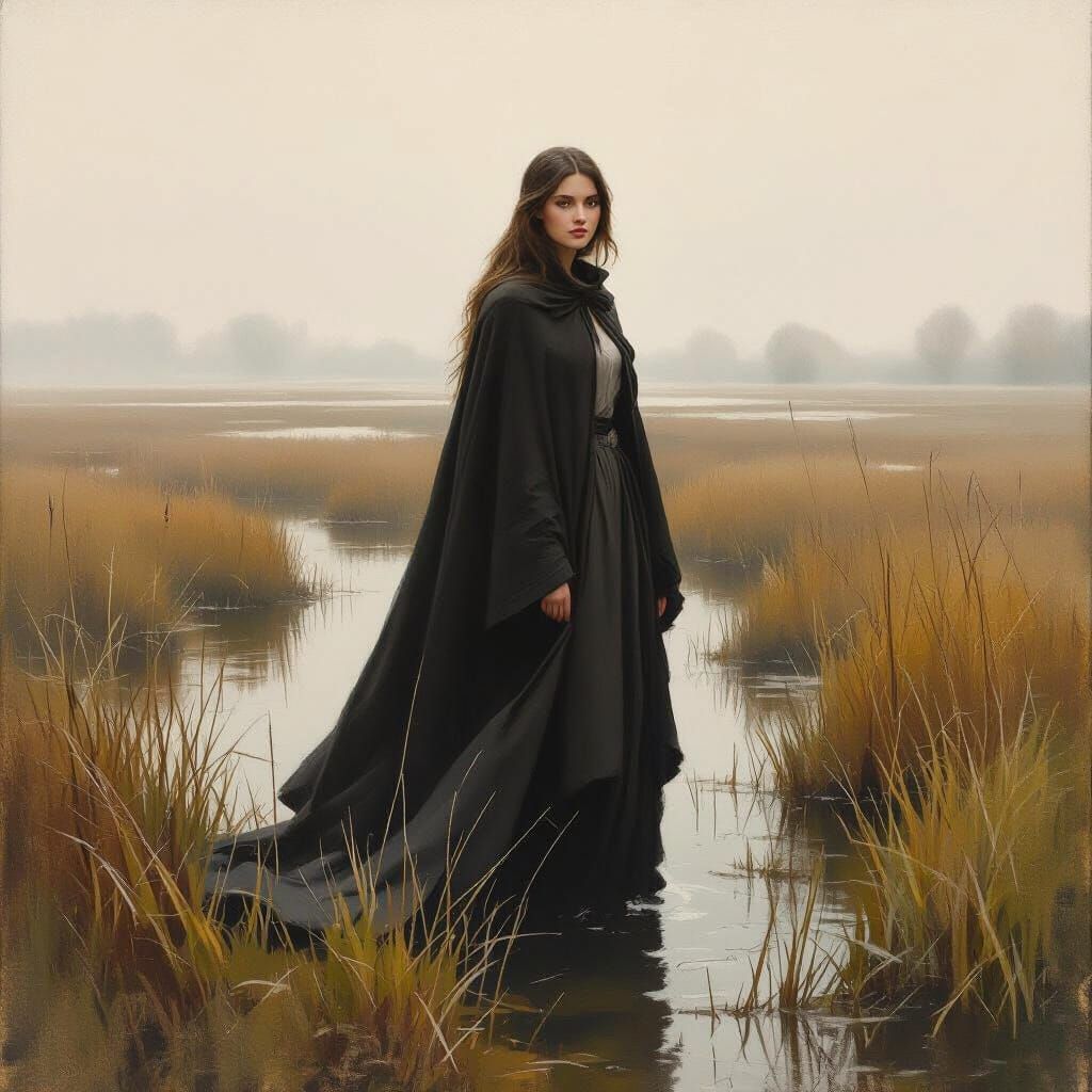 Woman in Marsh Landscape in Impressionist Style