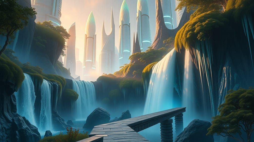 Bioluminescent Elvish City on Alien Planet: Bierstadt Style