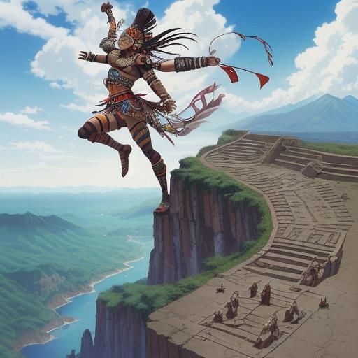 Aztec Warrior on Cliff in Anime Style