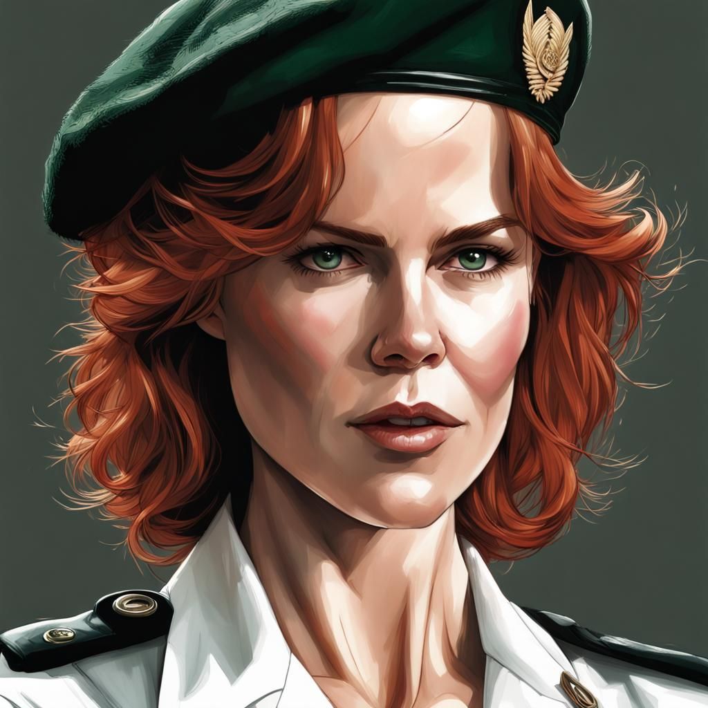 Hyperrealistic Portrait of Woman in Dark Green Beret