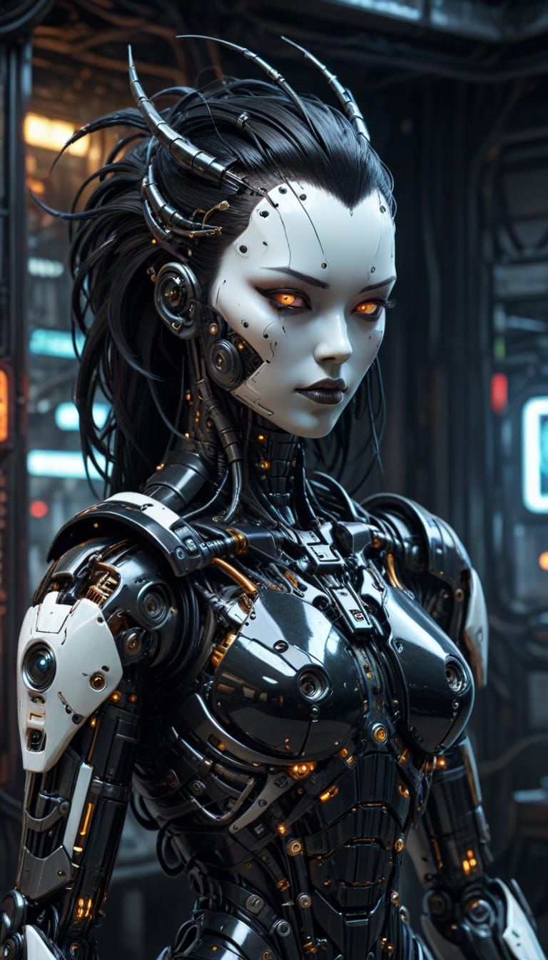 Cyberpunk Gynoid with Gothic Bio-Mech Background - Pinup Sty...
