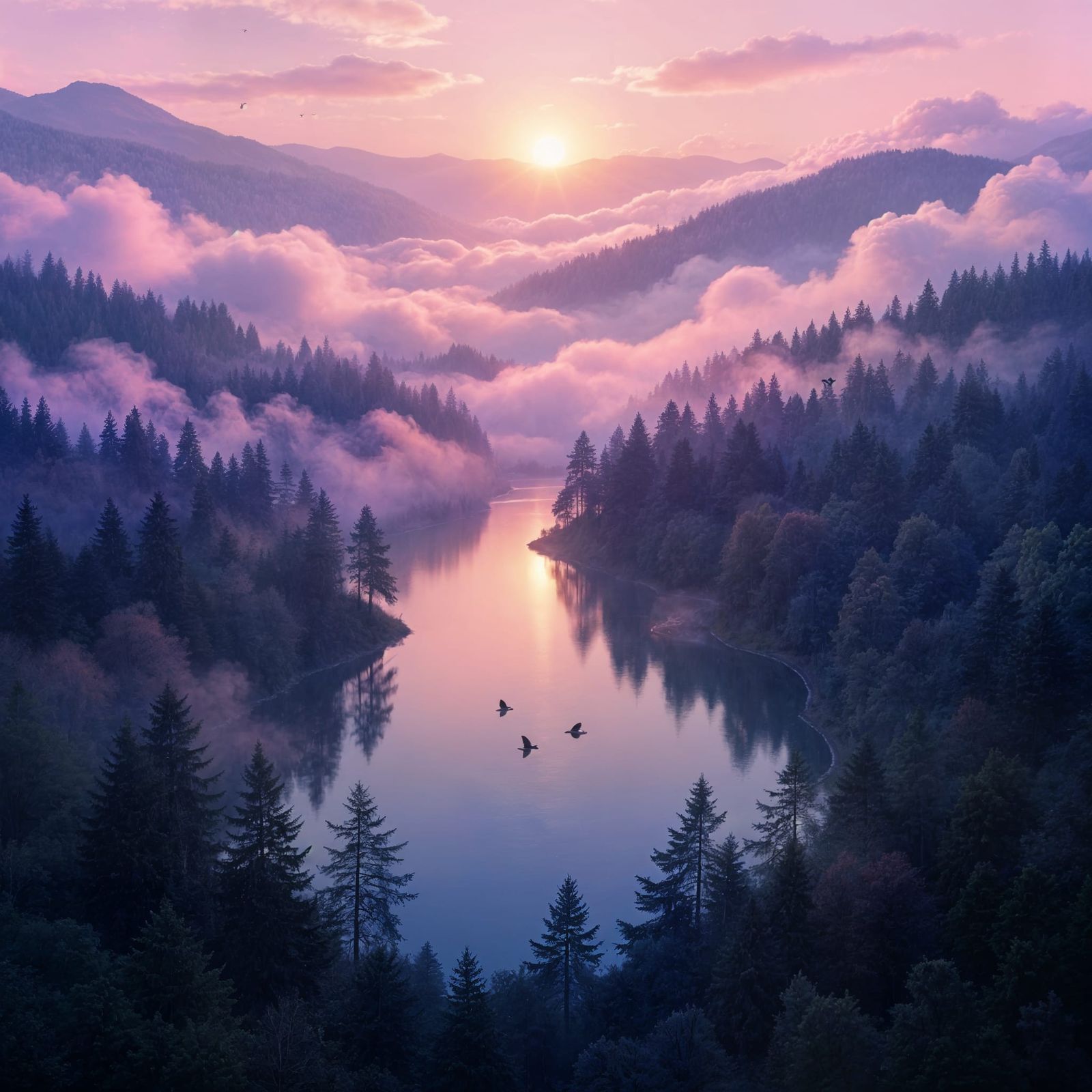 Mystical Pink Mist Forest with Shimmering Lake