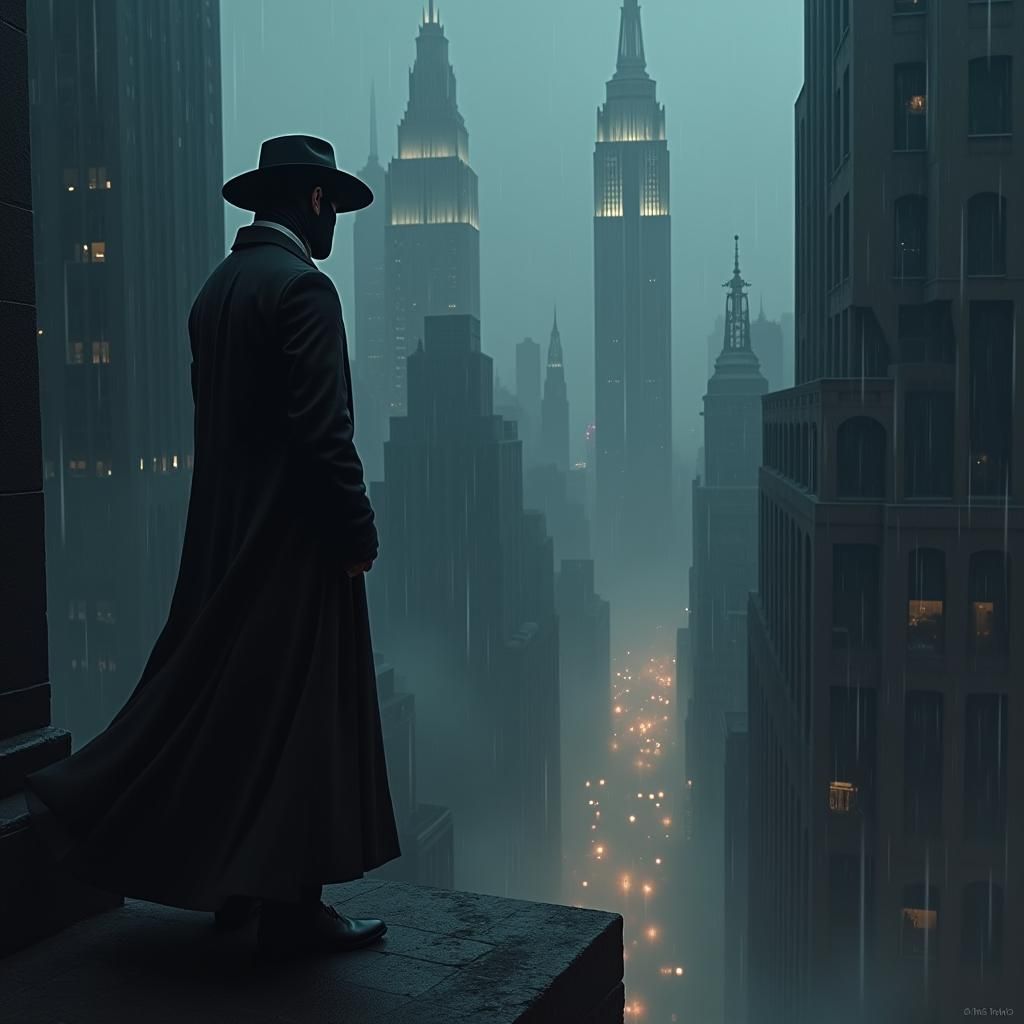 Noir Superhero in Gritty 1930s Cityscape