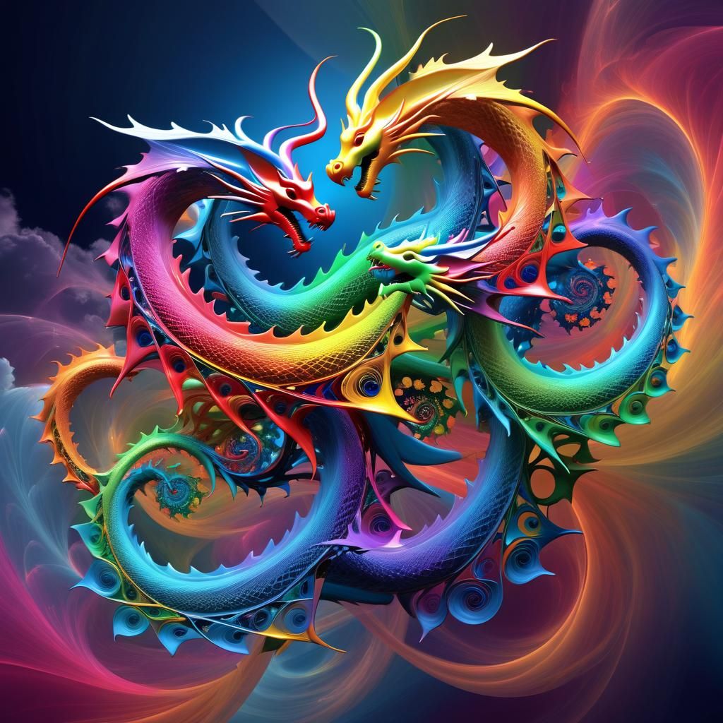 Rainbow Fractal Dragons and Roses in String Art