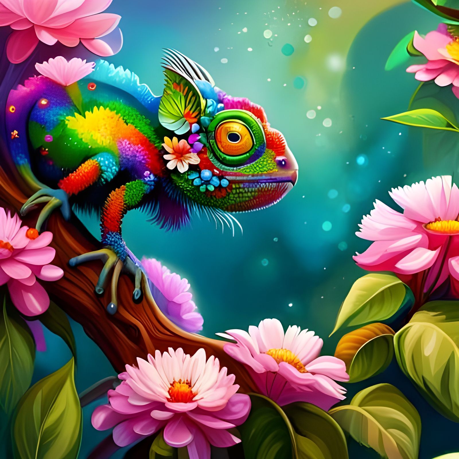 Colorful Chameleon Covered in Flowers, Detailed Matte Painti...