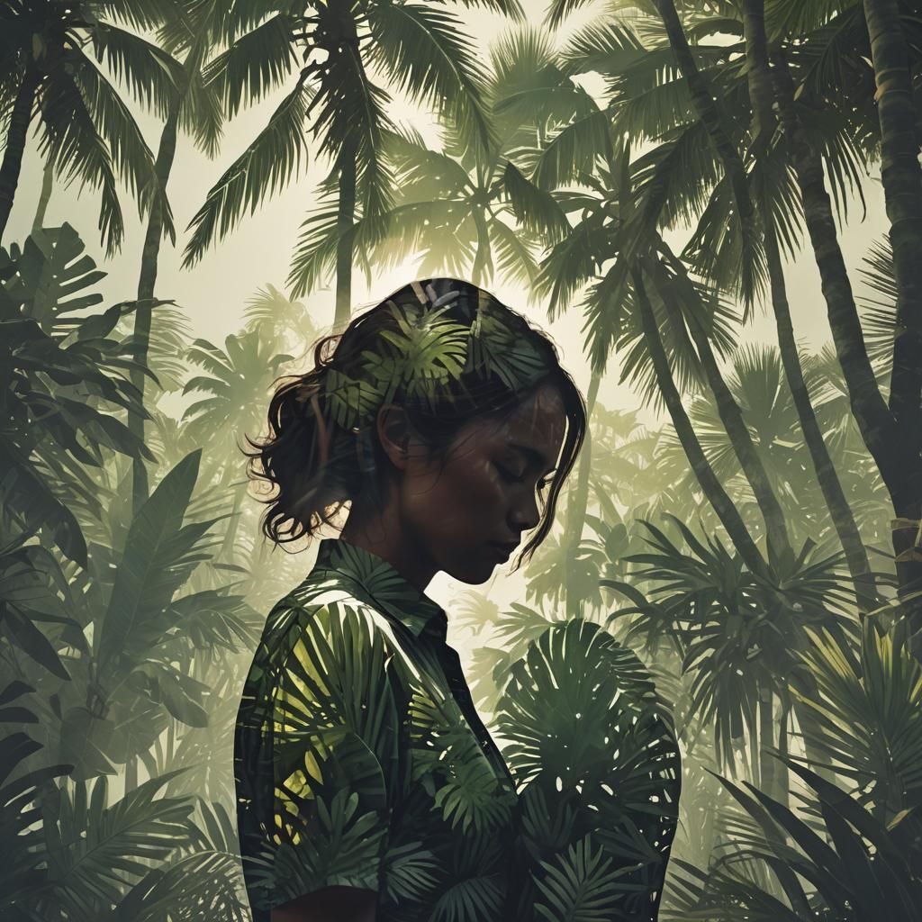 Romantic Tropical Silhouette in Double Exposure