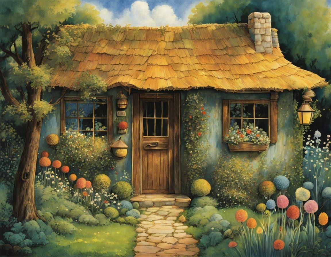 Whimsical Cottage in Vibrant Watercolor Style