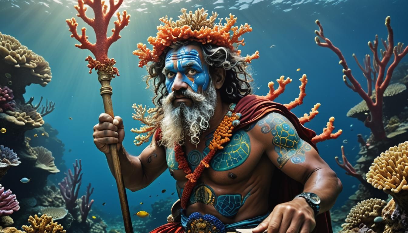 Neptune on Coral Reef in Art Brut Style