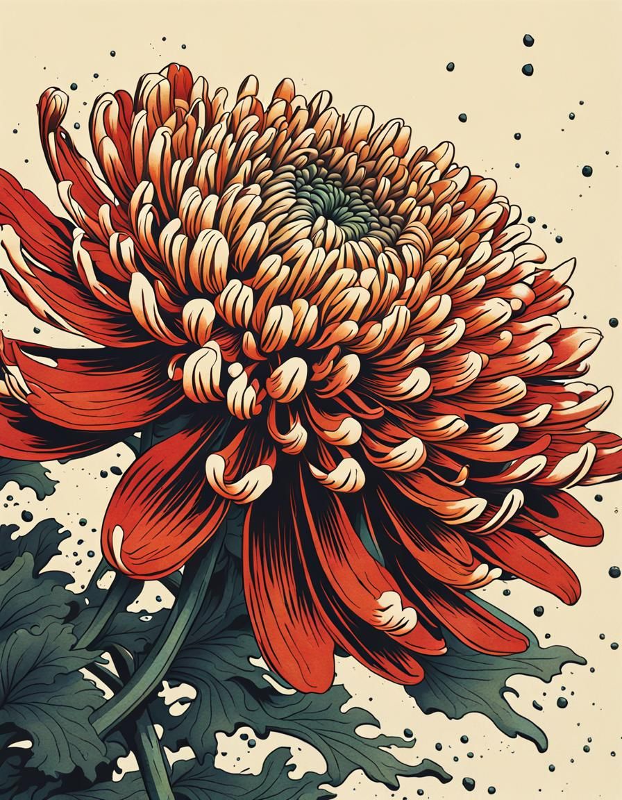 Chrysanthemum Flower in Japanese Woodblock Print Style