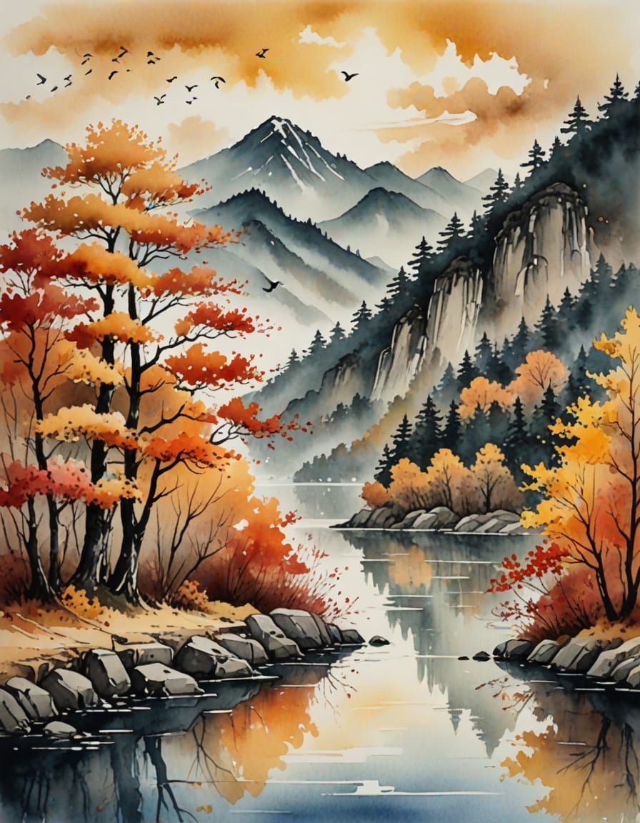 Serene Korean Fall Landscape in Ink Wash Style