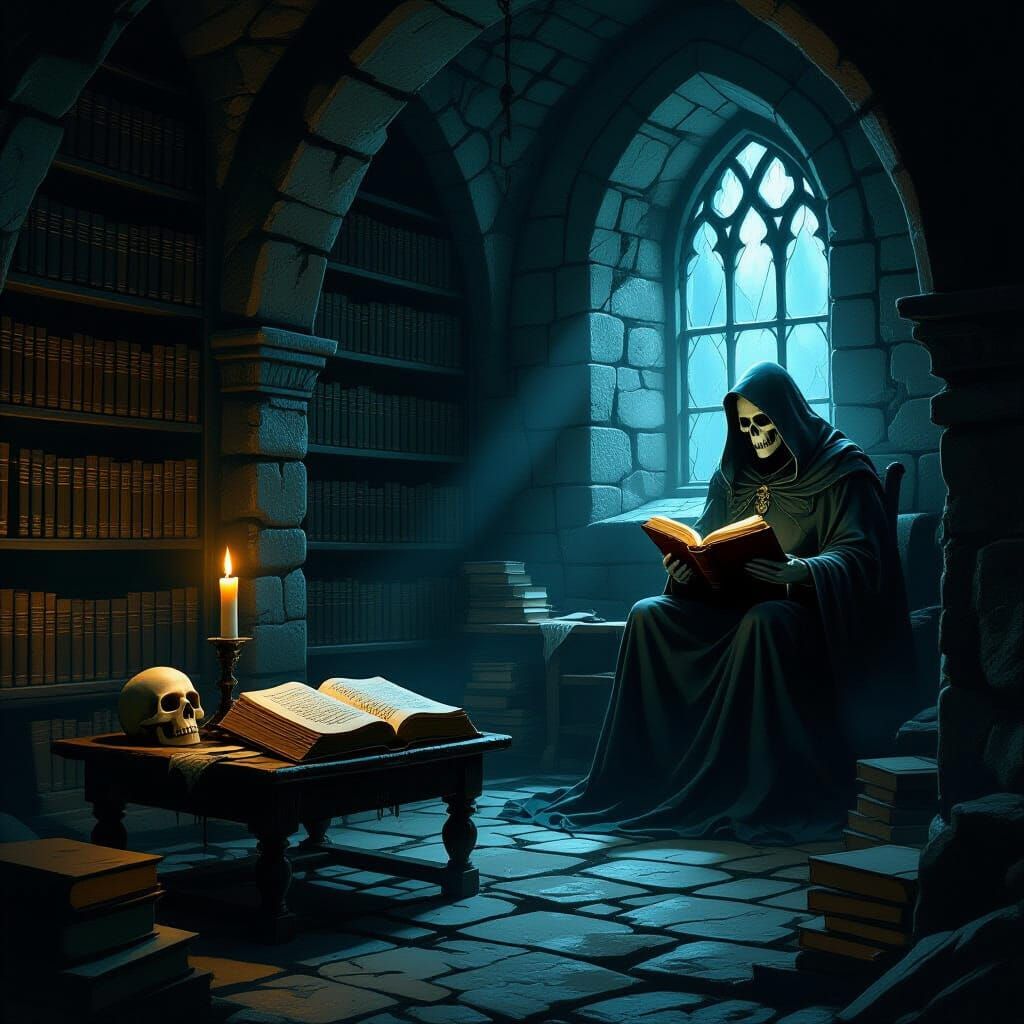 Necromancer's Lair: Ominous Horror in Shadowy Stone Keep