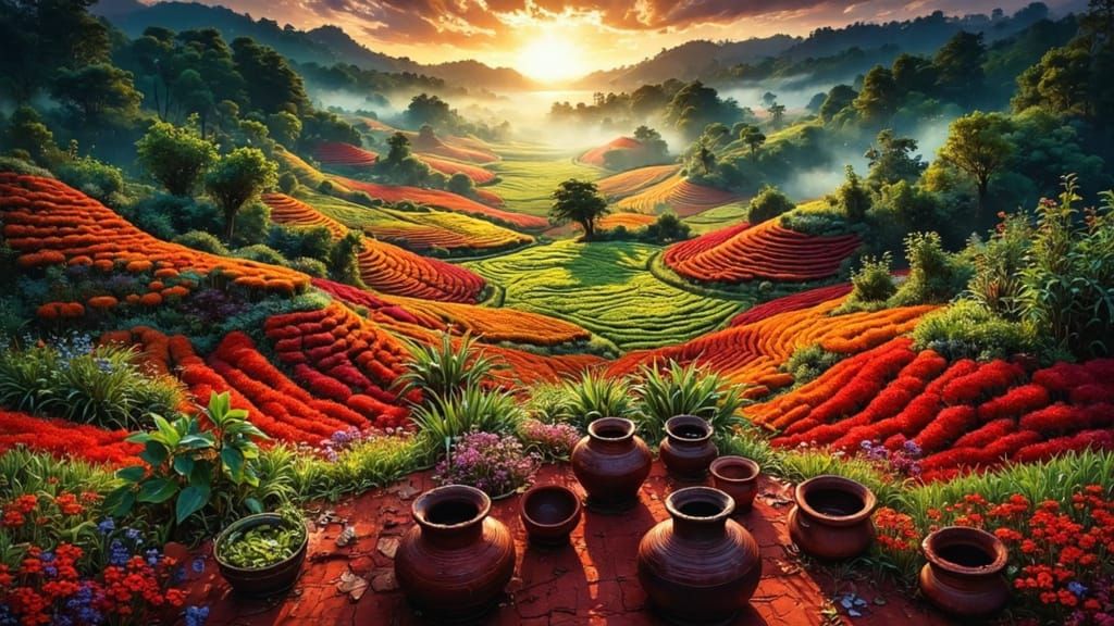 Emerald Tea Plantations Under Misty Clouds