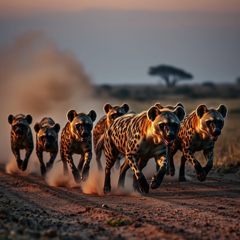 Spotted Hyenas Hunting on African Savanna at Dusk