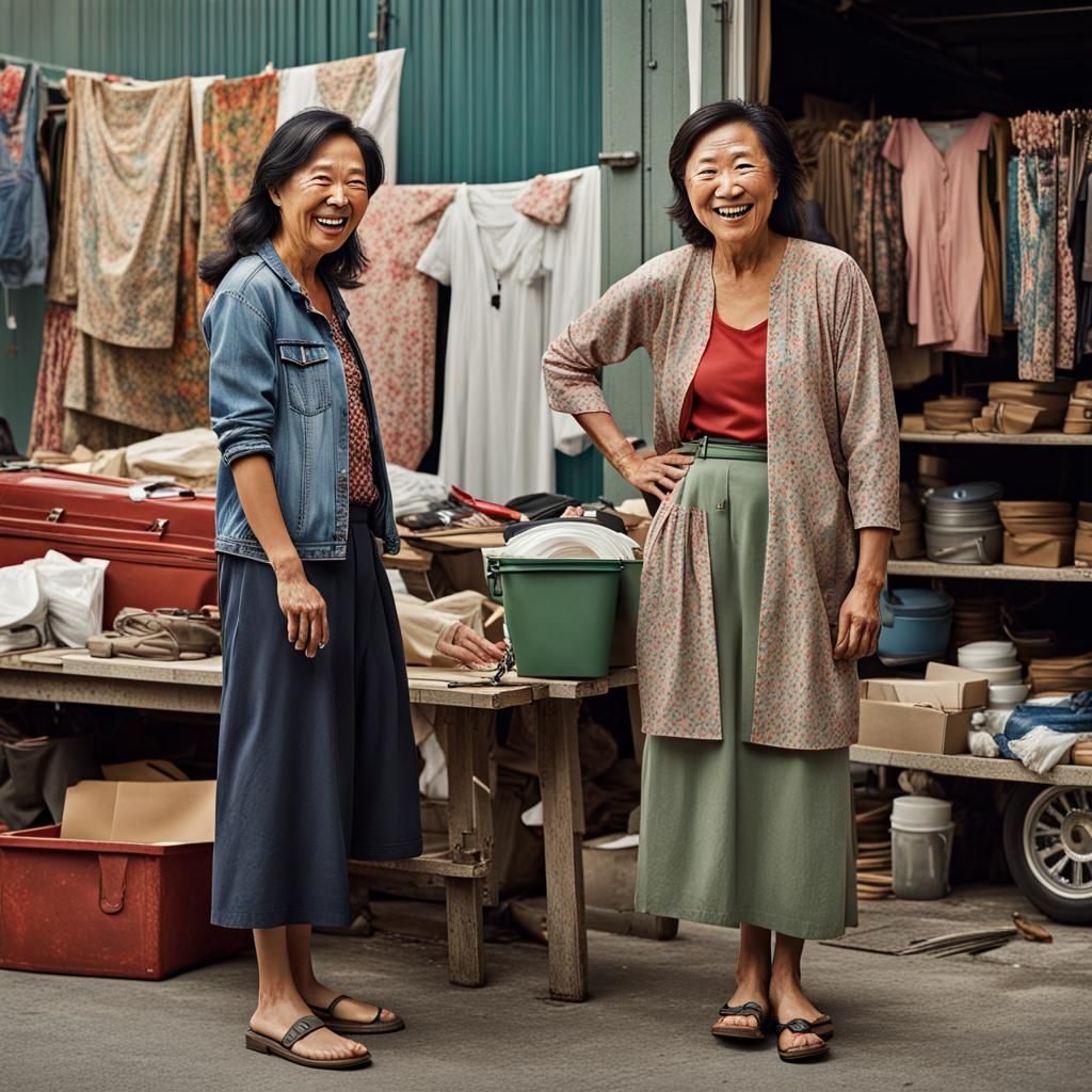 Garage Sale Scene: Women in Candid Conversation