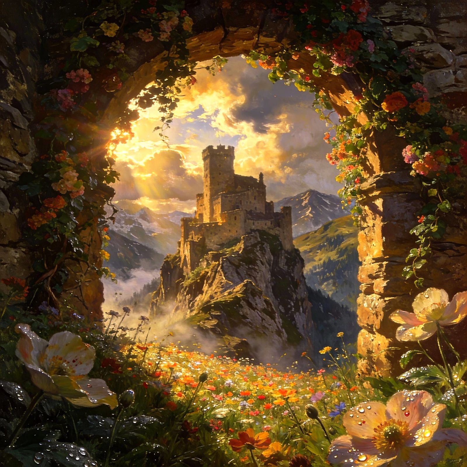 Majestic Castle Through Vine Archway Oil Painting