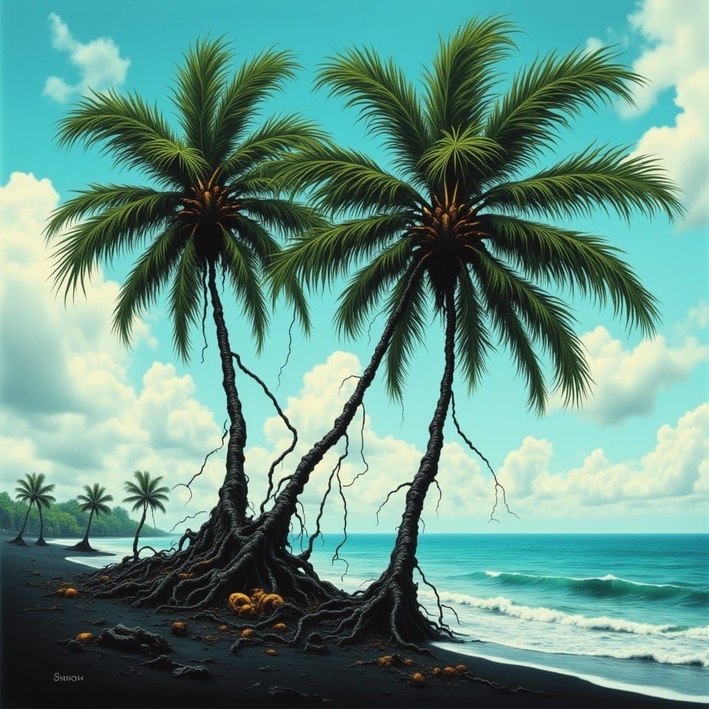 Black Sand Beach with Palm Trees in Gauguin Style