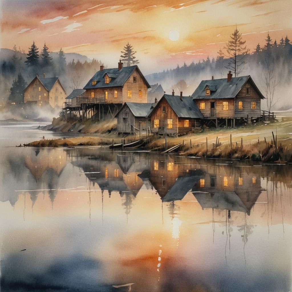 Watercolor Impressionism of Golden Light on Rustic Houses