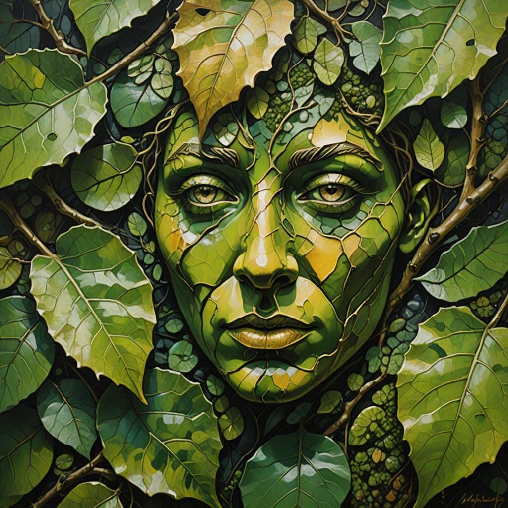Surreal Face in Leaf Expressionist Oil Painting