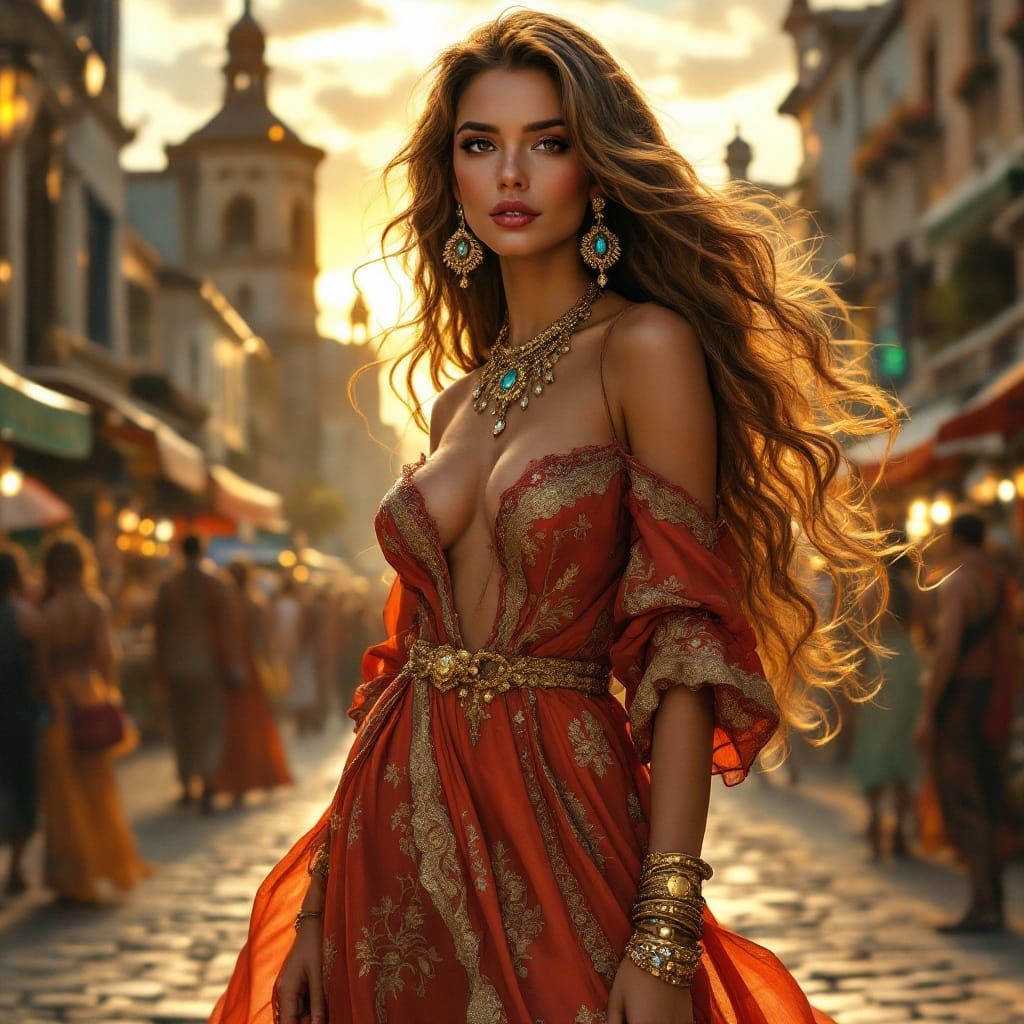 Enchanting Woman in Rich Attire, Set Against a Golden Sunset