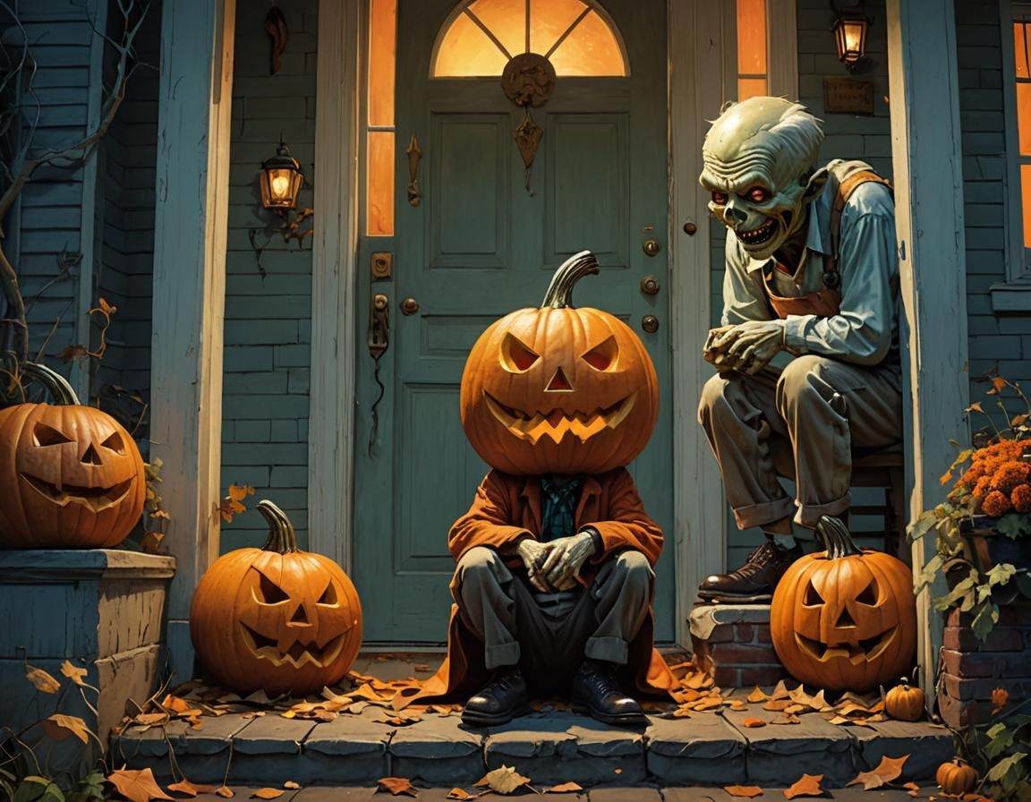 Pumpkin Boy's Halloween Grief: Rockwell-esque Illustration