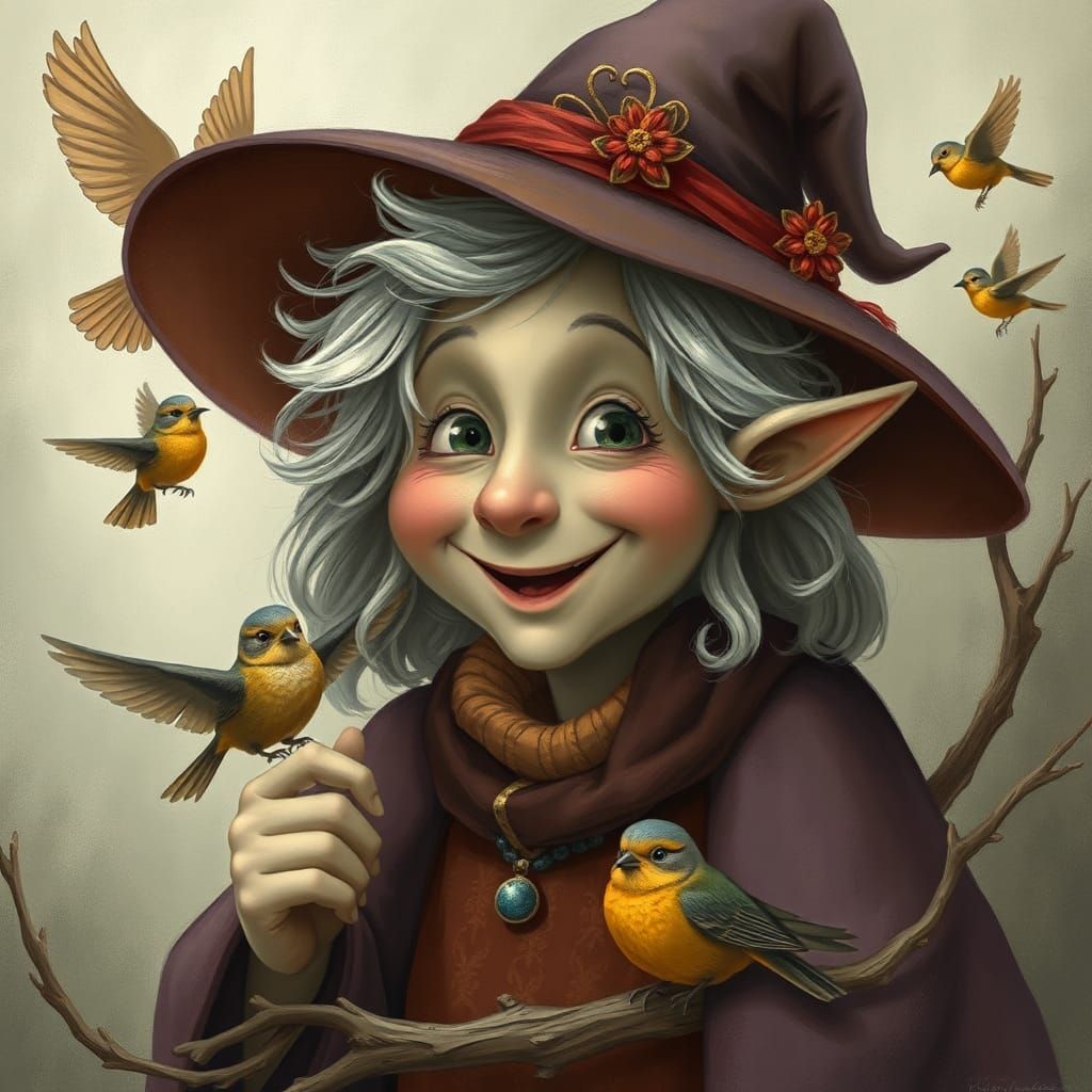 Smiling Storybook Witch Surrounded by Birds