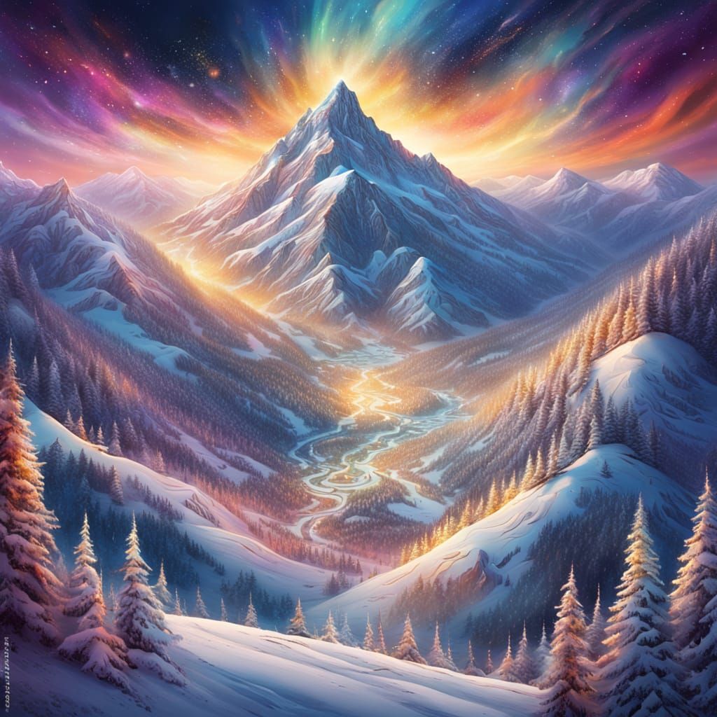 Cosmic Aerial View of Snowy Mountain in Mixed Media