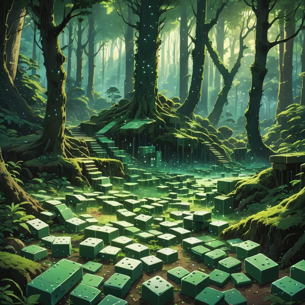 Mystical Forest Domino Collision in Studio Ghibli Style