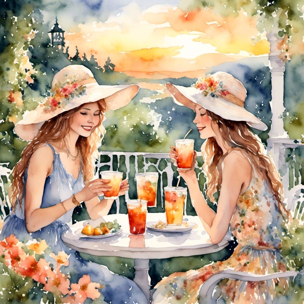 Watercolor: Friends Enjoying Sunset Iced Tea
