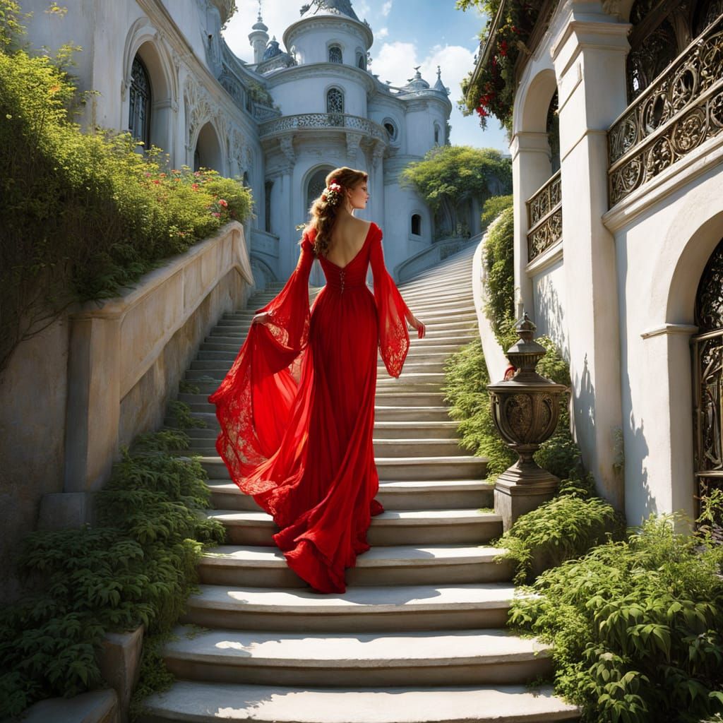 Woman in Red Gown Descending Stairs: Mucha Ghibli Style