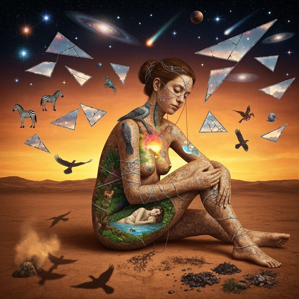 Surreal Woman With Inner Oasis in Barren Landscape