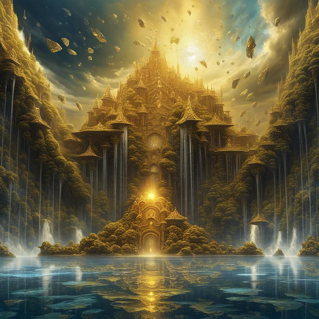 Surreal Diamond Water Wall in Futuristic Scene