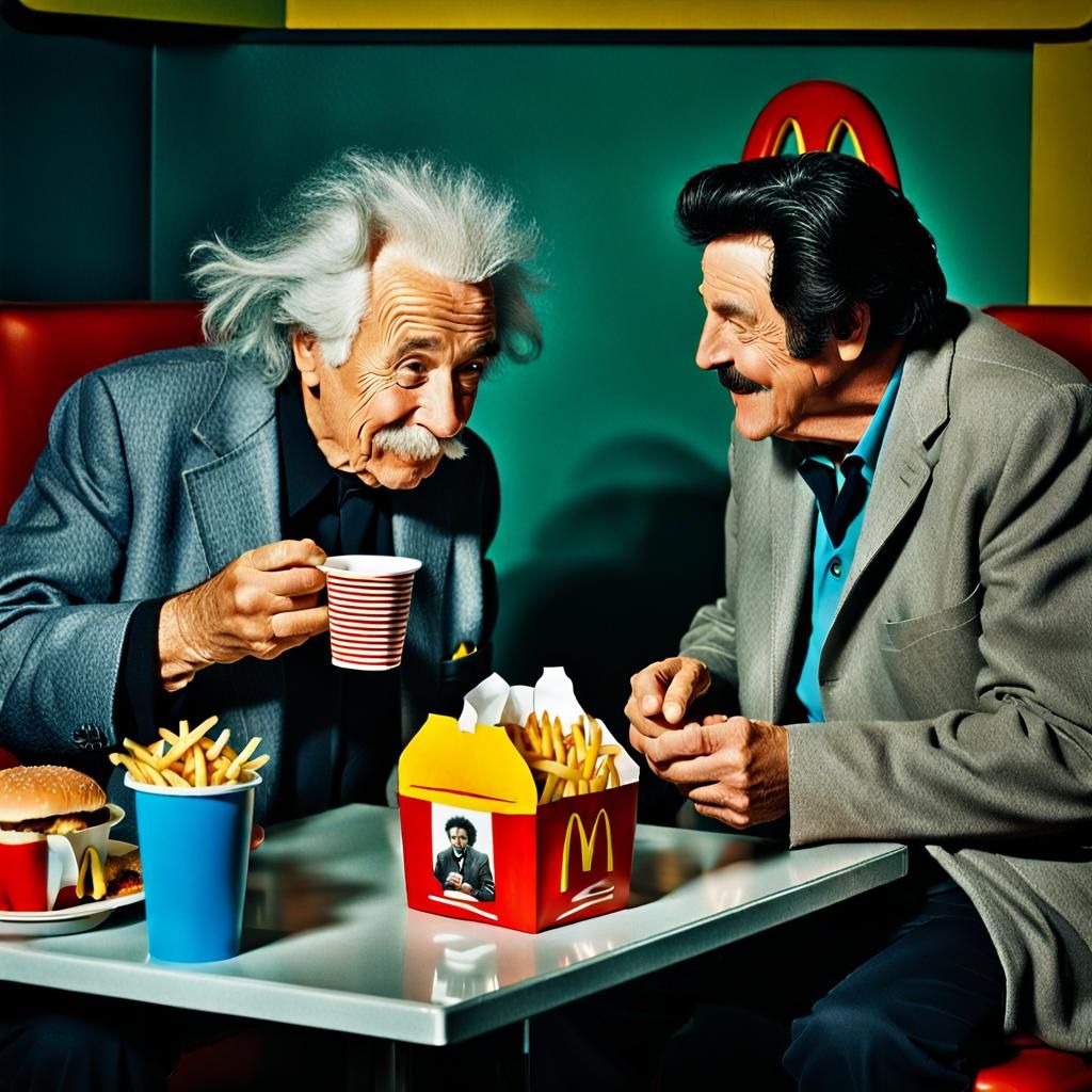 Einstein and Elvis at McDonald's: Portrait
