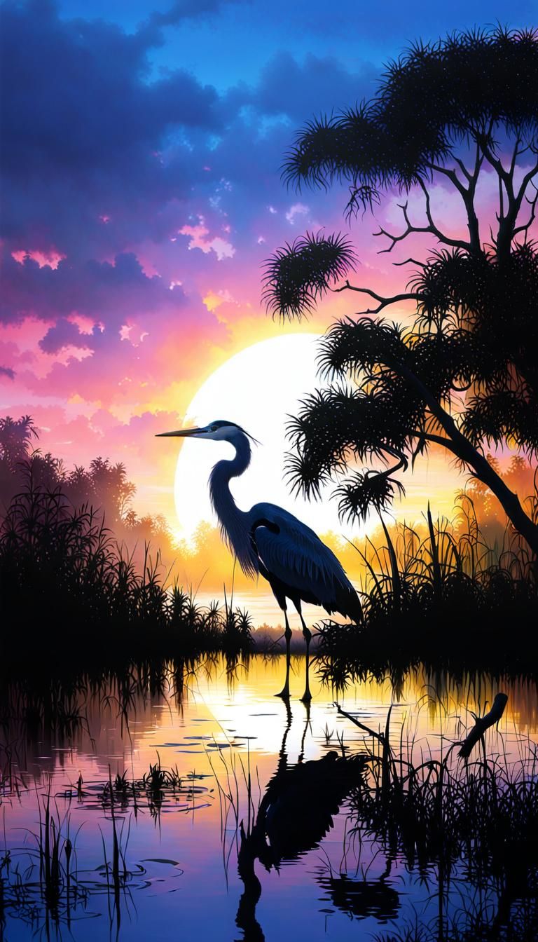 Heron Silhouette in Florida Everglades: Ethereal Fantasy