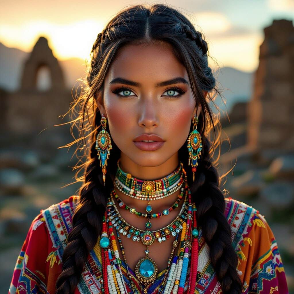 Inka Woman Portrait in Andean Ruins, Sunset Light